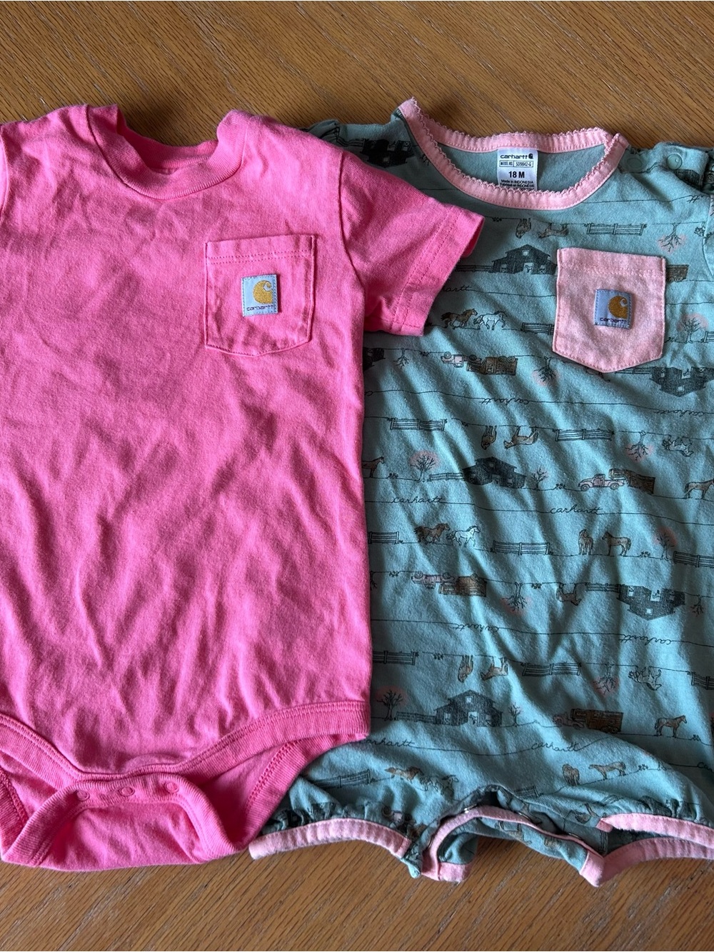 Carhartt Baby Girl 2pc Set - Pink Bodysuit & Horse/Farm Romper (18 Months)